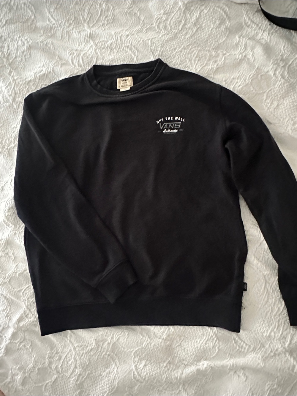 SOLD - Vans Black Crewneck Sweatshirt with Small White Logo on from and logo